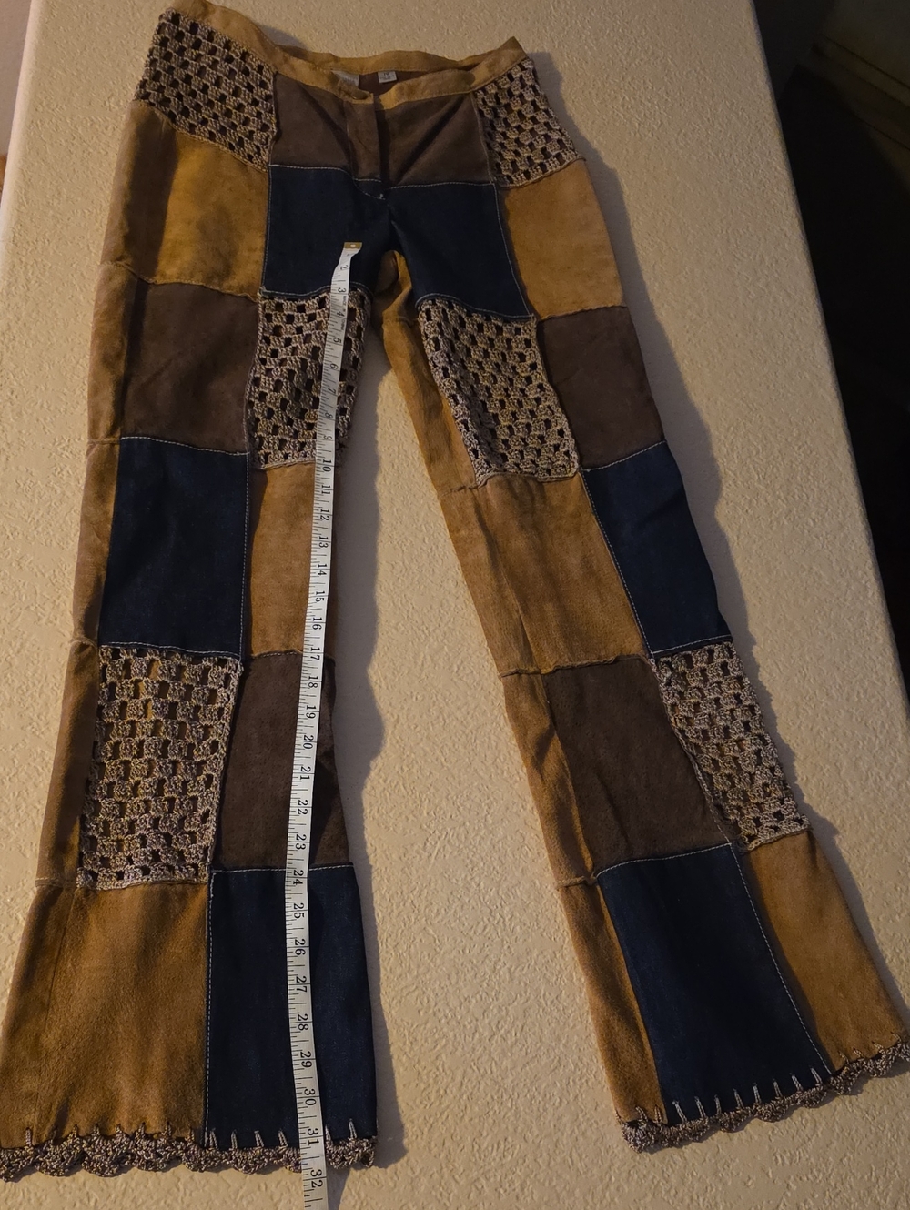 Y2K Wilson's Leather suede denim crochet patchwork halter top pants set - Picture 13 of 14